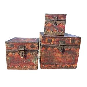 Vintage Indian Wooden Nesting Boxes Set 3 Brass Accents Handcrafted India Gift